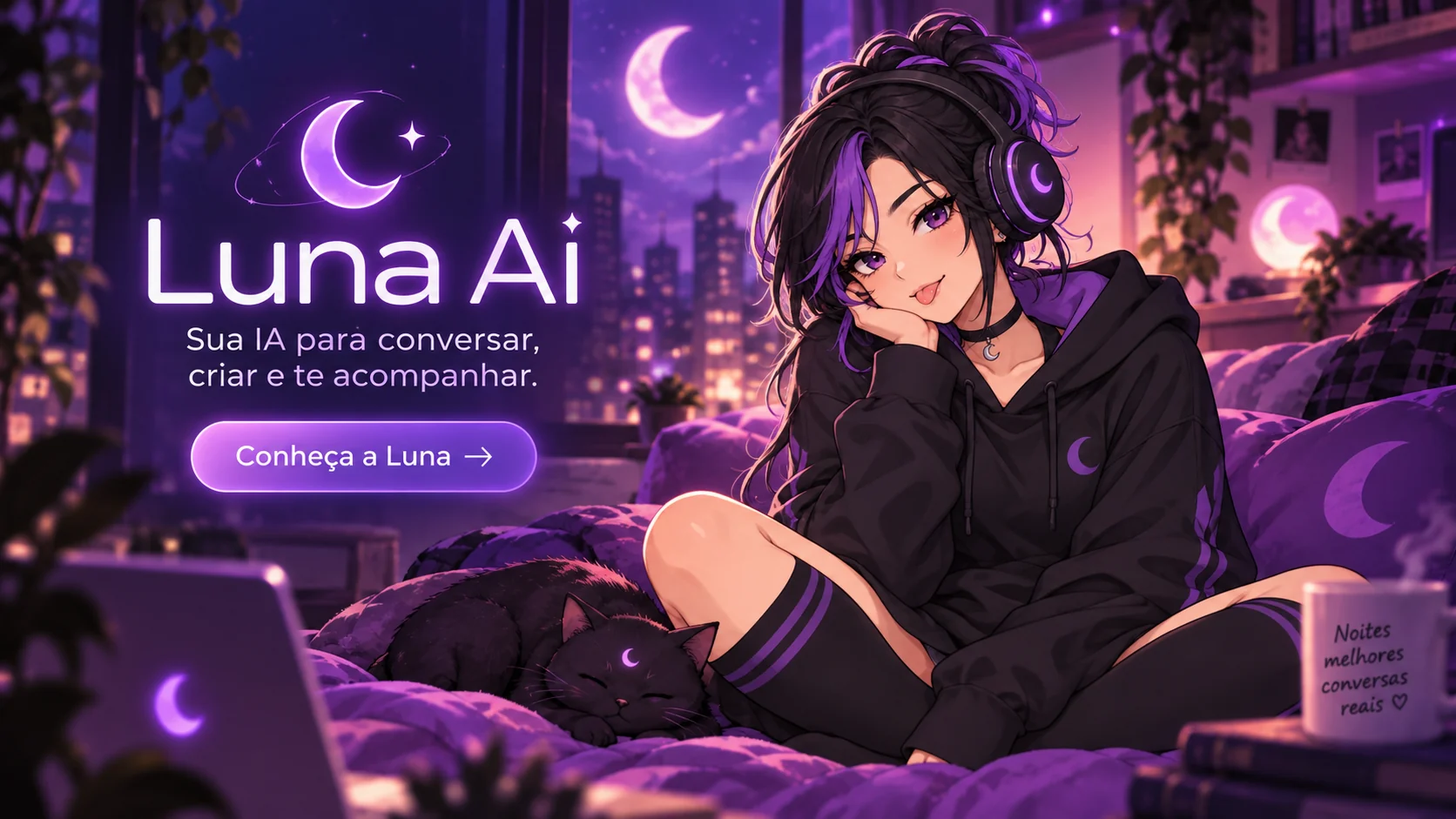 Luna em seu quarto à noite, com a identidade visual roxa da Luna AI